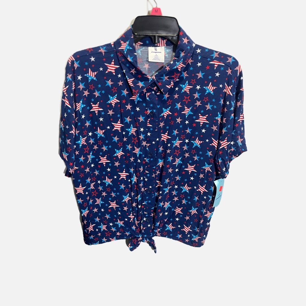 O'rageous Womens Patriotic Stars Cabana Top Blue Red White Tie Front Shirt M NEW